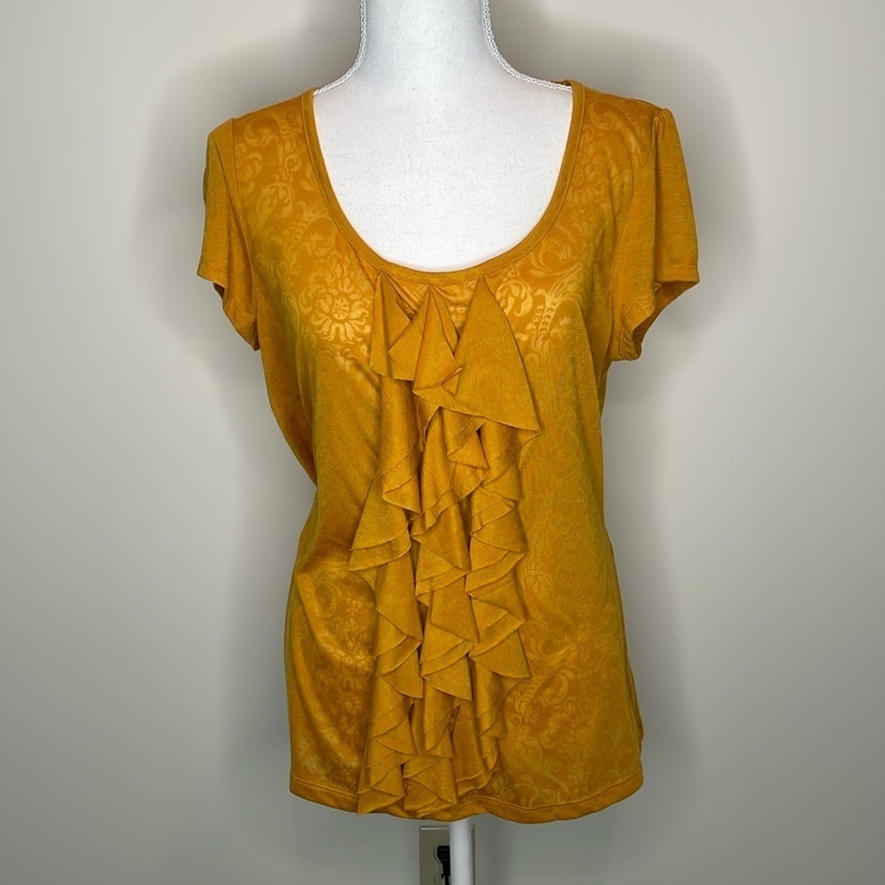 Apt 9 Gold/Orange Short Sleeve Ruffled Patterned Top. Large